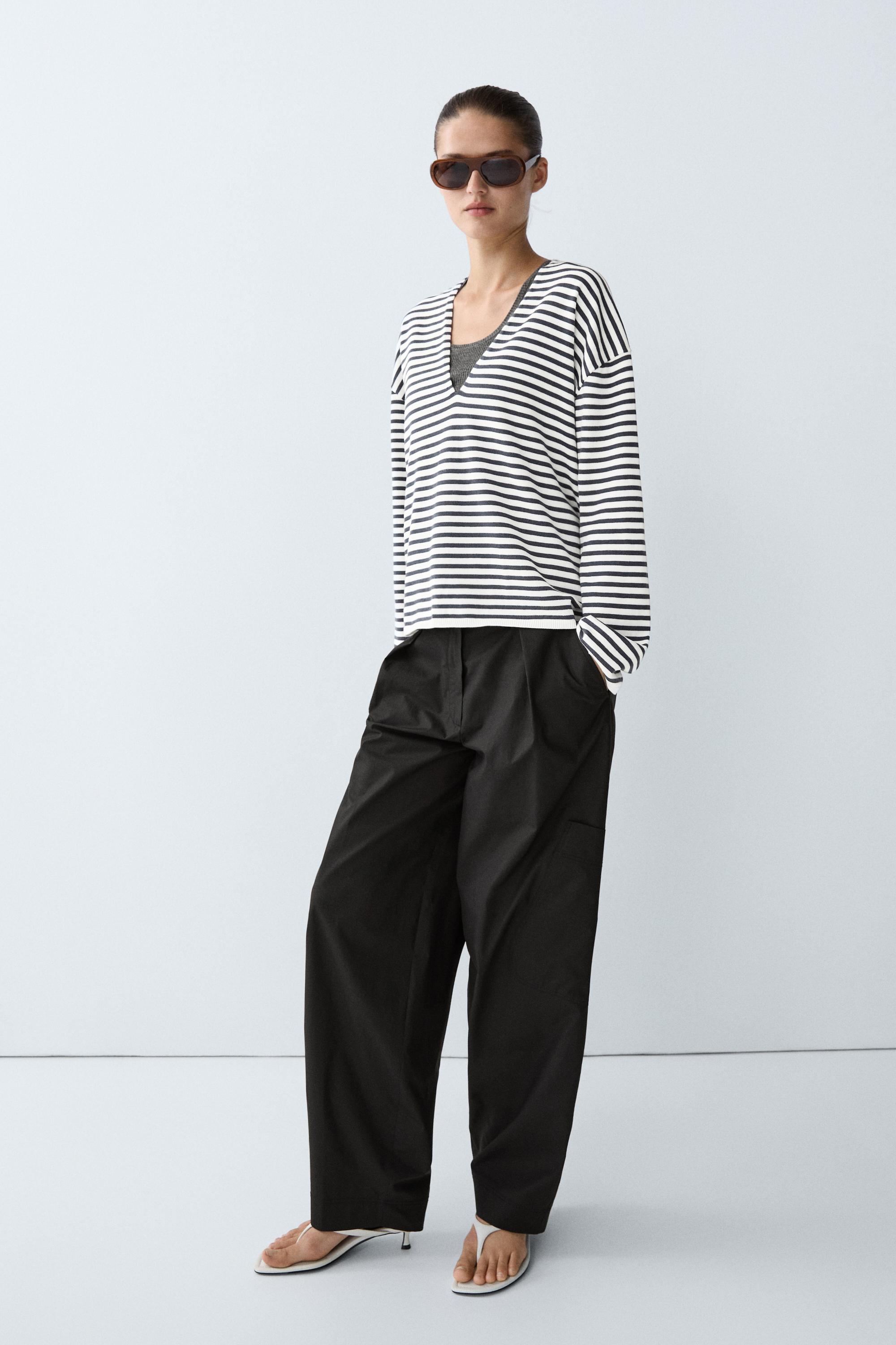 Striped V-neck knit sweater